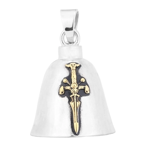 Detailed macro of vintage Viking bell pendant with gold sword on black textured background
