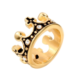 Bague Couronne en Acier Inoxydable avec Croix pour Hommes Femmes Style Gothique Punk Rétro avec Strass Or Noir Bague Bijou Cadeau