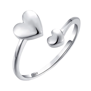 Polished S925 sterling silver open ring featuring a minimalist double heart design