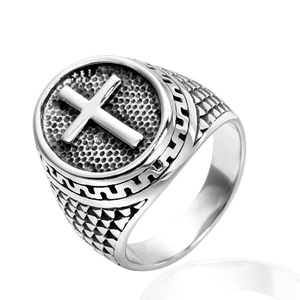 Bague vintage en acier inoxydable pour homme avec motif croix et gravures pyramides