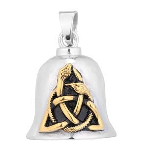 Viking compass bell pendant with Celtic knot in vintage silver and gold finish