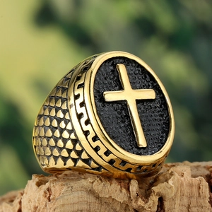 Chevalière Croix en Acier Inoxydable Vintage pour Hommes Bijoux Religieux Gothique Punk Or Argent Bague Rétro