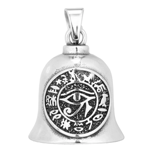 Detailed view of silver bell pendant featuring Eye of Horus and Egyptian hieroglyphics