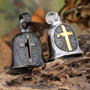 Vintage Viking cross bell pendants in black matte and silver polished steel finish