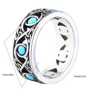 Minimalist silver steel ring with blue turquoise inlay and Celtic knot engravings 9MM