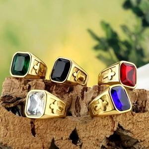 Vintage 304 Stainless Steel Gold Plated Rectangular Rhinestone Cross Ring For Men Religious Relief Domineering Jewelry