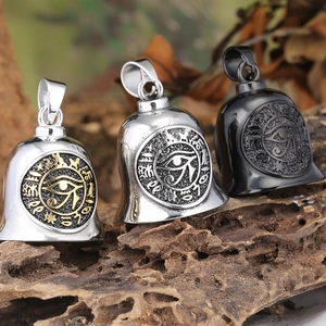 Viking compass bell pendants with Eye of Horus engravings in silver, gold and black