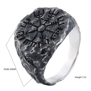 Retro Viking Vegvisir ring in stainless steel with 20mm wide rock texture surface