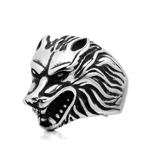 Bague tête de loup gothique en acier inoxydable argenté vieilli pour hommes sculptée