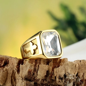 Men's titanium steel gold ring with large rectangle white crystal and cross relief