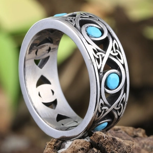 Vintage stainless steel wide ring with Celtic knot carvings and sky blue turquoise inlay