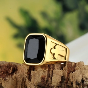 Mens gold titanium steel signet ring with rectangle black stone and cross relief detail