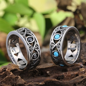 Vintage Celtic Knot Stainless Steel Ring For Men Women Hollow Out Design With Turquoise Black Rhinestone Inlaid Band Ring