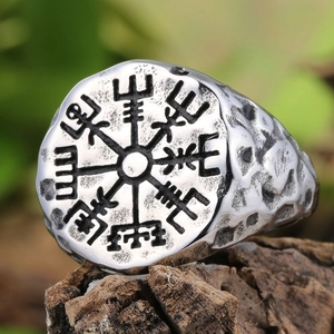 Vintage Viking Vegvisir compass ring in stainless steel with rustic hammered texture