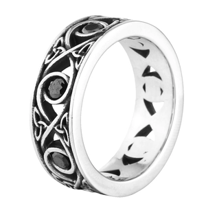 Celtic knot design stainless steel ring with round faceted black gemstone inlays