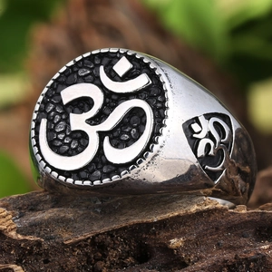 Vintage 304 Stainless Steel Om Symbol Ring For Men Religious Spiritual Meditation Band Retro Silver Polished Band Jewelry