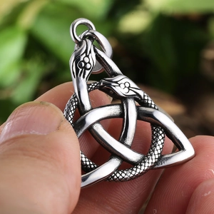 Retro silver Celtic knot twin snake pendant in polished stainless steel for men