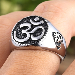 Vintage stainless steel religious ring with Om symbol and black textured finish
