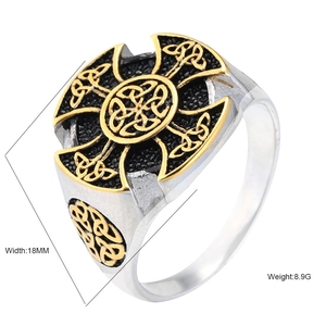 Men's Viking Celtic cross ring in two-tone stainless steel, 18mm width and 8.9g weight