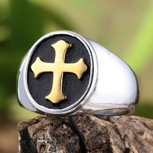 Retro Stainless Steel Cross Signet Ring For Men Women Gothic Religious Jewelry Polished Black Gold Silver Band Ring