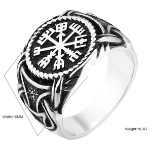 Bague Viking Vegvisir vintage en acier inoxydable avec largeur 16mm et gravure boussole