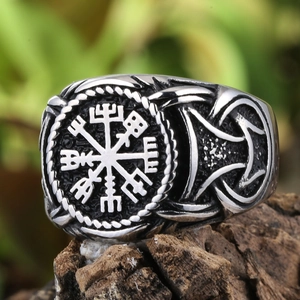 Bague Boussole Viking Vegvisir Vintage en Acier Inoxydable pour Hommes Femmes Mythologie Nordique Nœud Celtique Bague Punk Polie Bijoux