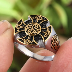 Vintage Celtic knot stainless steel ring for men with gold accents and silver finish