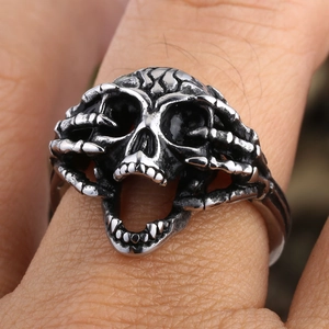 Gothic punk 304 stainless steel skull ring with vintage skeleton hand carvings