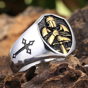 Vintage stainless steel signet ring for men featuring a gold knight and cross design