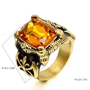 Anillo vintage de acero de titanio para hombre con piedra ámbar y relieve de lis