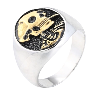 Bague punk en acier inoxydable 304 poli avec anneau argenté et motif tête de mort
