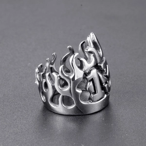 Retro punk titanium steel ring with flame pattern and number one in matte silver finish