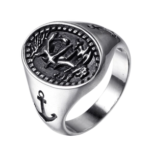 Men's vintage anchor ring in stainless steel with a distressed nautical signet style