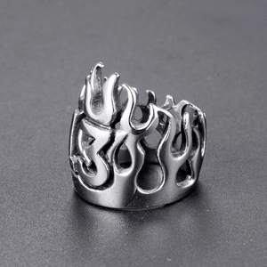 Vintage stainless steel men's ring with punk flame hollow design and numeric engraving