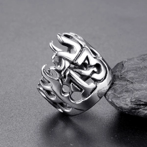 Vintage stainless steel men's ring with hollow number 13 and carved flame pattern