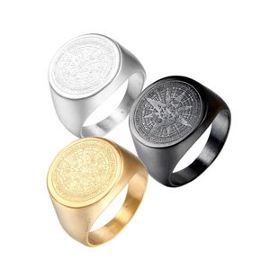 Vintage stainless steel compass signet rings in silver, black, and gold matte finishes