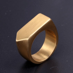 Macro view of matte brushed gold stainless steel ring with geometric irregular surface