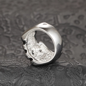 Détail macro d'une bague géométrique en acier inoxydable avec intérieur à texture industrielle