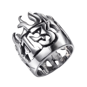 Vintage punk silver stainless steel ring with number 13 and flame cutout design