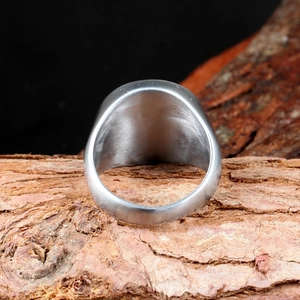 Vintage stainless steel compass ring for men with matte brushed finish on natural bark