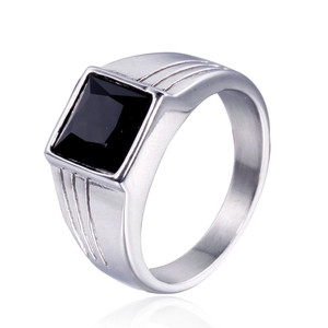 Geometric stainless steel ring for men featuring a square black gemstone and sleek side grooves