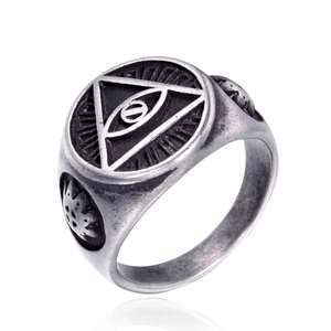 Men's vintage stainless steel evil eye ring with mystical Masonic triangle symbols