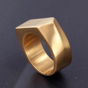 Brushed gold stainless steel ring with a wide rectangular minimalist geometric design