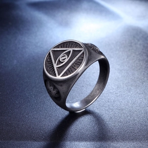 Detailed close-up of retro stainless steel evil eye ring with antique silver finish