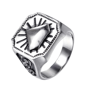 Retro stainless steel signet ring for men with square face and carved floral patterns