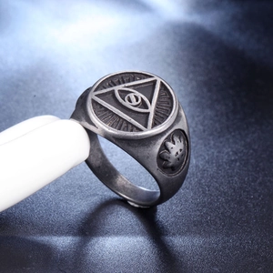 Macro detail of vintage stainless steel evil eye ring with gothic embossed patterns