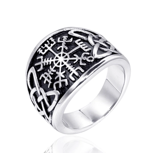 Vintage Viking Vegvisir compass ring for men with Celtic knot details in stainless steel