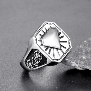 Vintage stainless steel ring with hexagon face and rose embossed punk style details