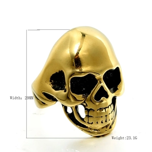 Gold stainless steel punk skull ring with 29mm width and 23.1g weight for men