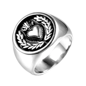 Vintage silver heart seal ring with crown and laurel wreath in stainless steel